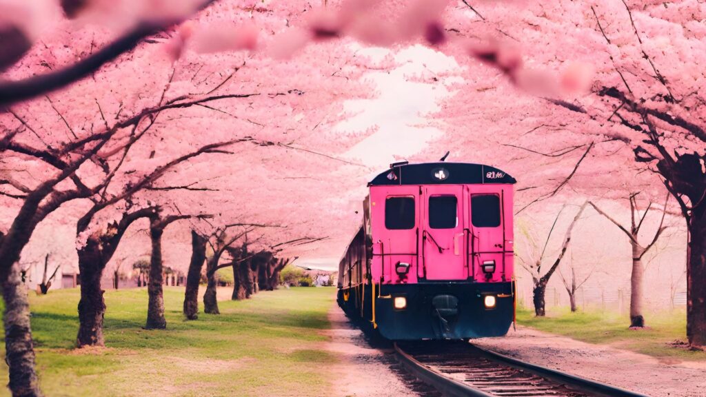 桜の木の下を通る電車
