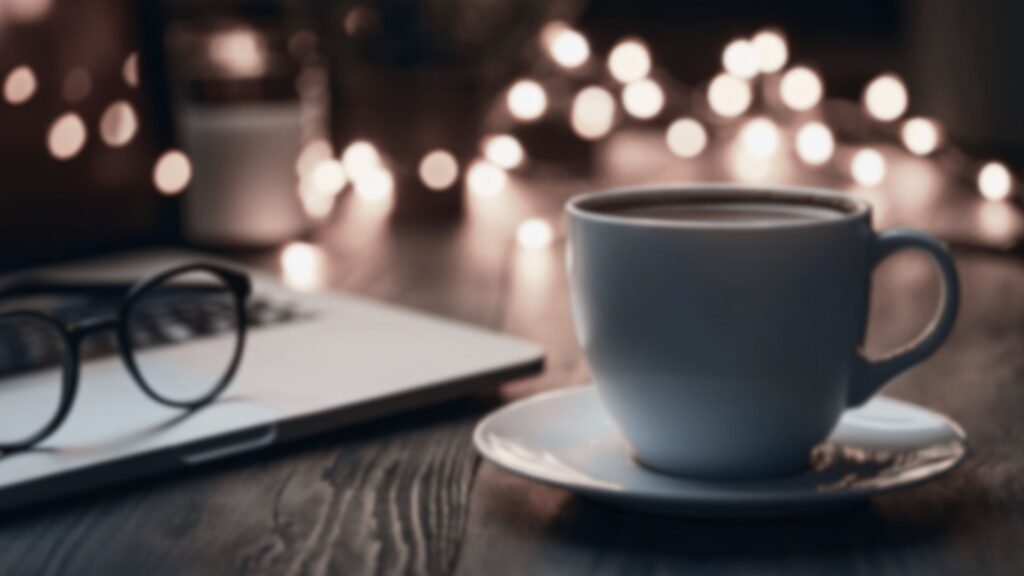 夜の机と温かい飲み物の写真